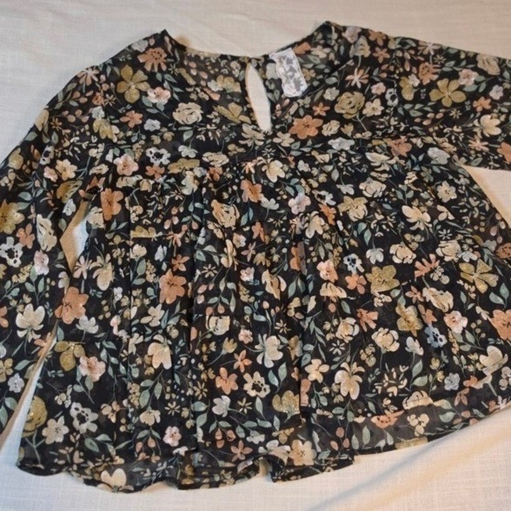 Sadie & Sage Black Floral Babydoll Blouse Long Sleeve Sheer Clip Dot Top Small